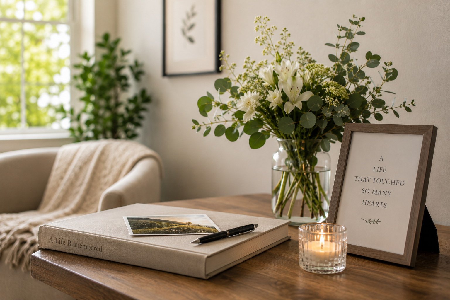 Peaceful memorial display with guest book, reflecting the care of funeral homes in Petaluma, CA