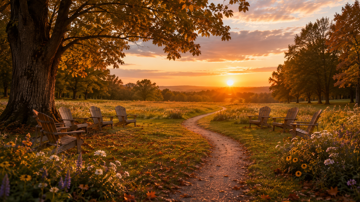 Golden sunset over peaceful meadow with winding path and Adirondack chairs beneath autumn trees, fun