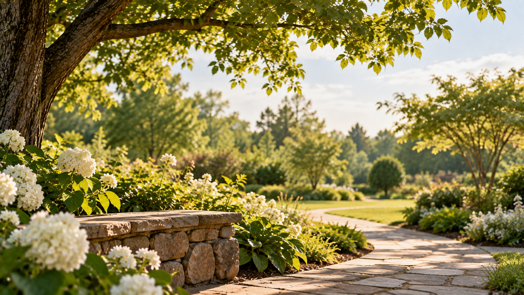 Sunlit garden path with white hydrangeas near cremation services in Santa Rosa, CA.
