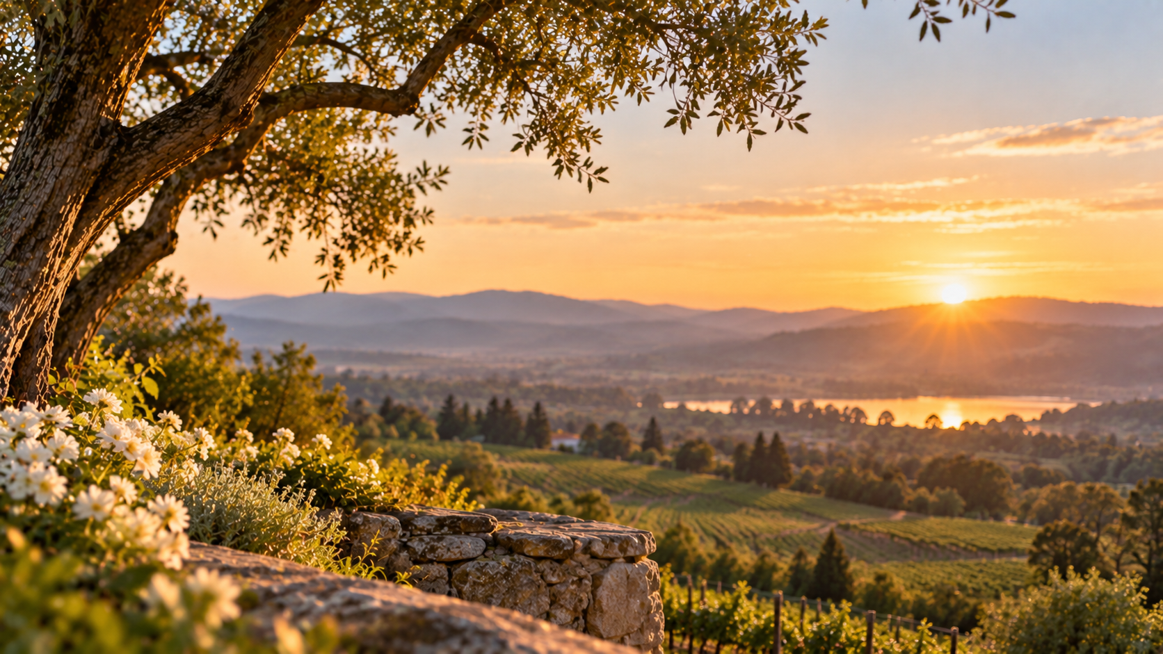 Sunset over vineyards and rolling hills near funeral homes in Santa Rosa, CA.