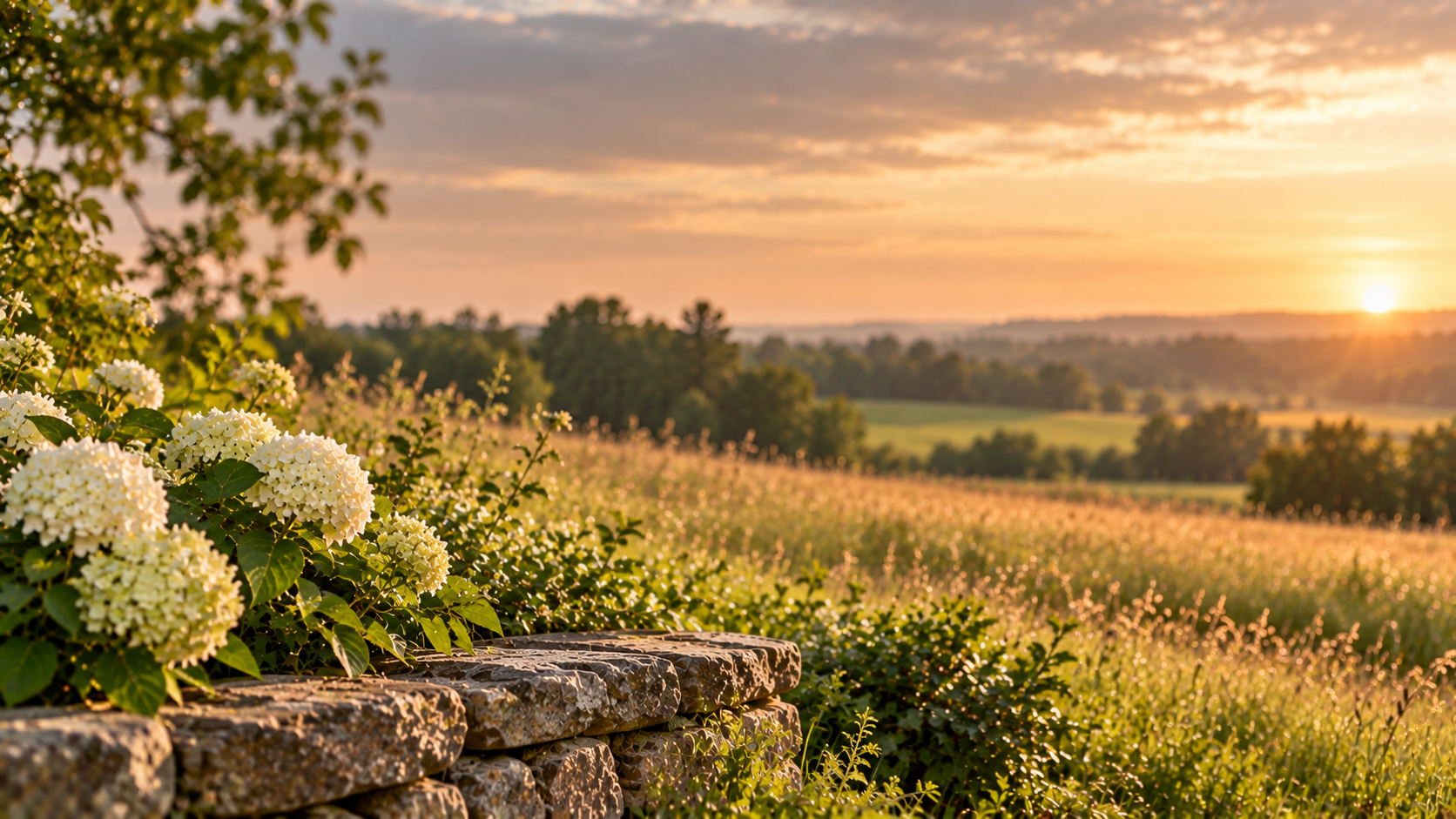 White hydrangeas beside a stone wall overlooking fields at sunset in Petaluma, CA.
