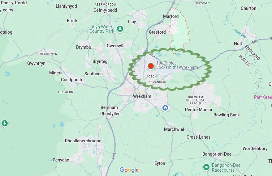 A map of Wrexham city with a green circle around 1st choice Wrexham Locksmiths