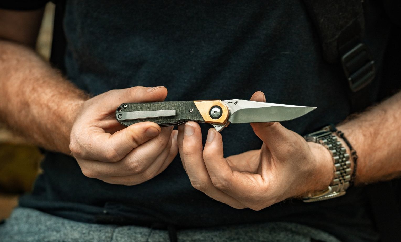 Kizer Comet denim micarta, Kizer Comet black micarta, Kizer Comet green micarta