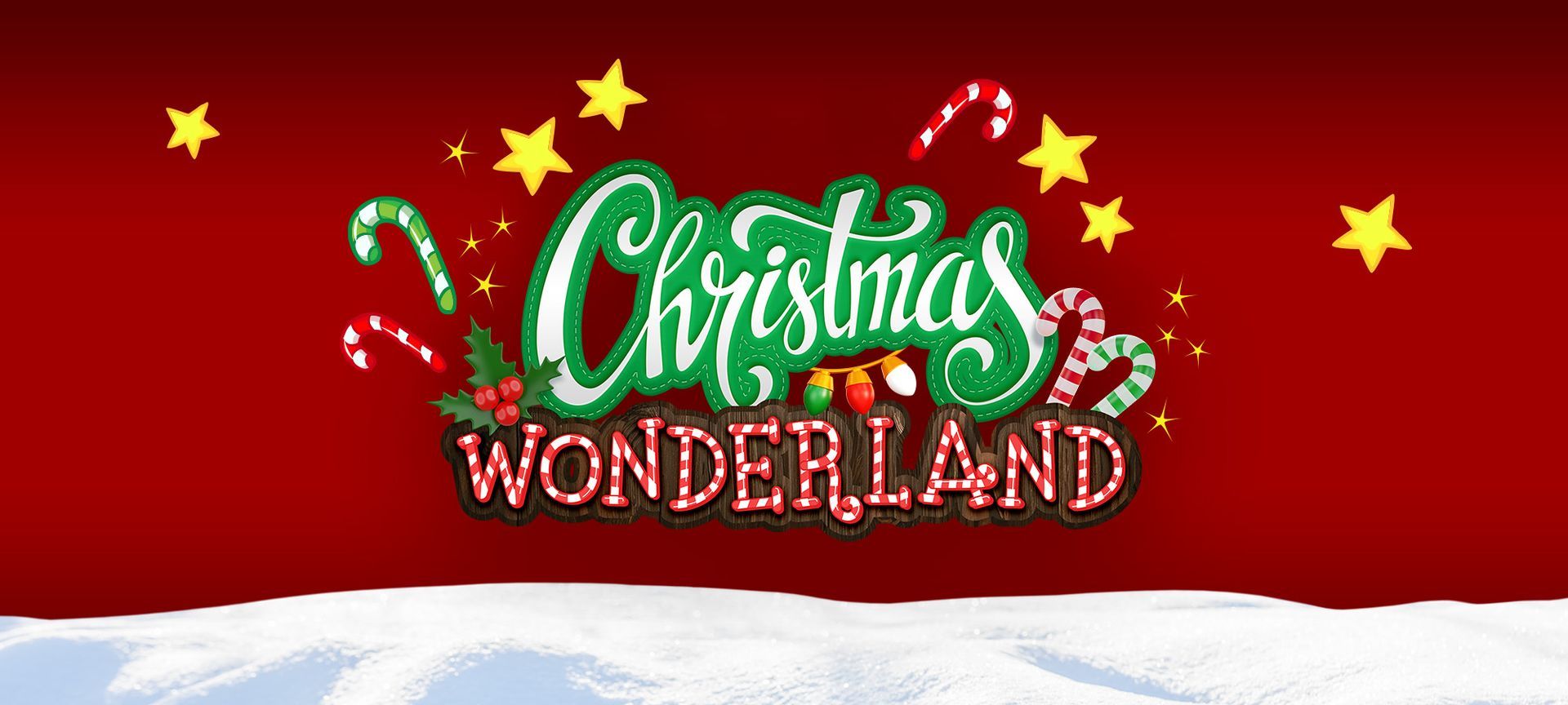 Christmas Wonderland logo on a red background with yellow stars and snowy white hills