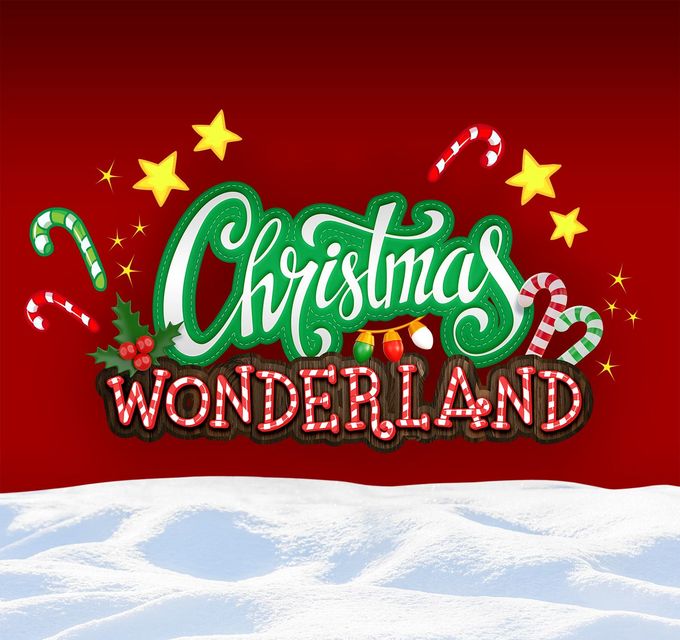Christmas Wonderland sign with candy canes and stars above snowy ground on a red background