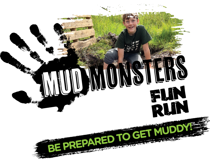 The logo for mud monsters fun run shows a boy kneeling in the mud.