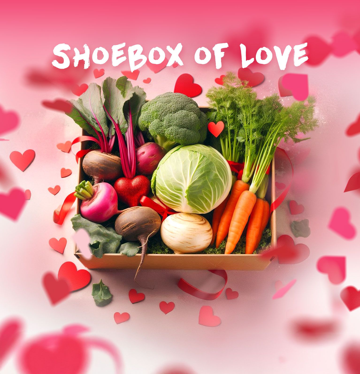 A box of vegetables with the words shoebox of love above it