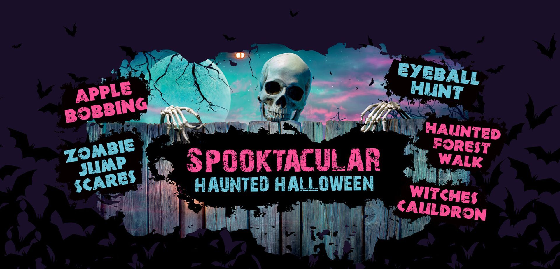 Spooktacular Haunted Halloween flyer with skull, bats, cobwebs, and spooky activity labels on a purple background