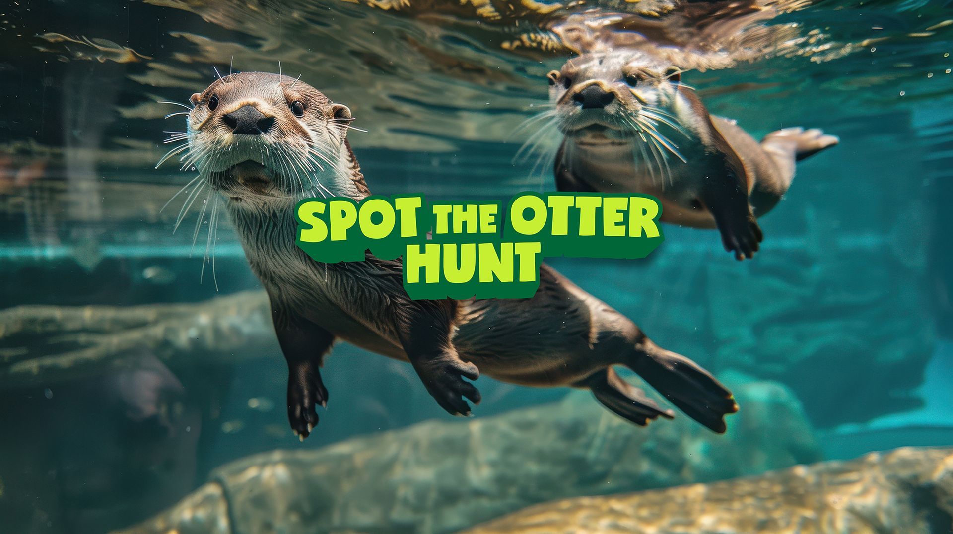 Two otters swimming underwater beside bold green text reading “SPOT THE OTTER HUNT”