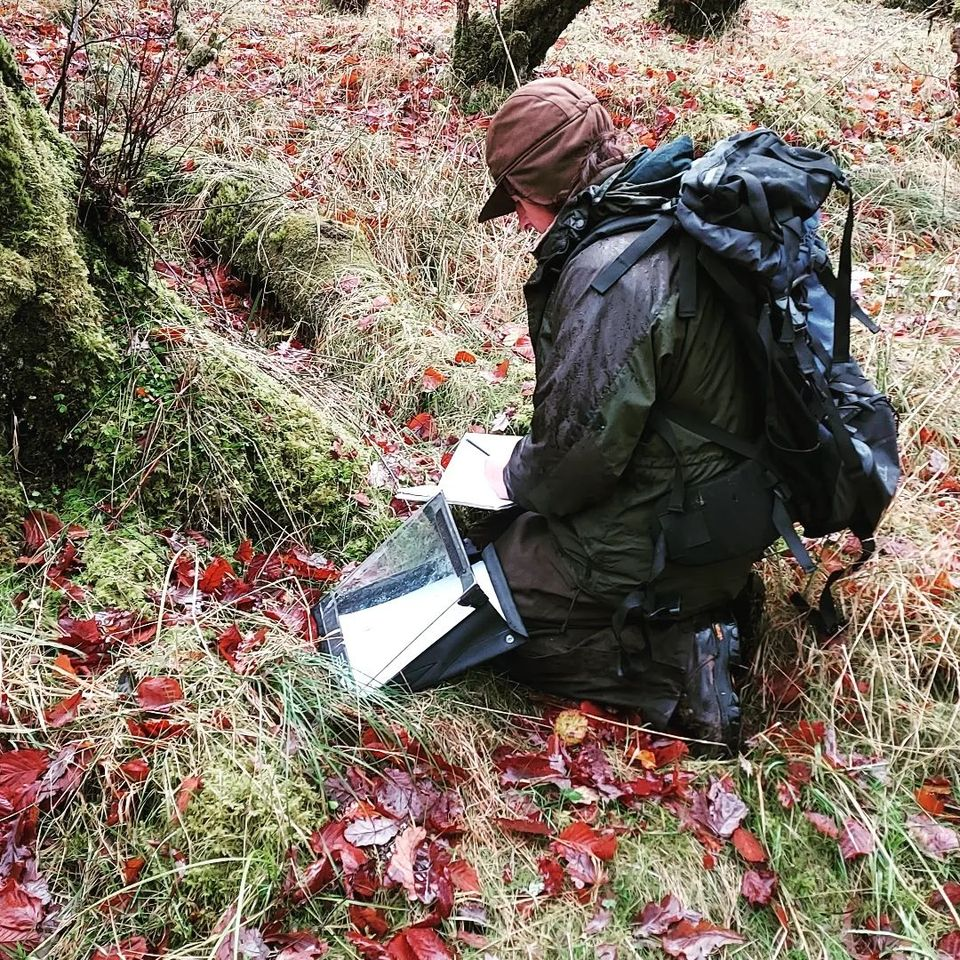 A man with a backpack is kneeling down in the grass and reading a book.