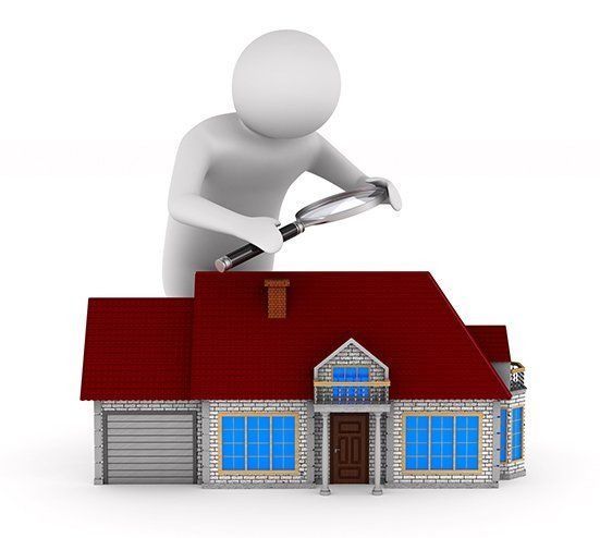a 3d man is looking at a house through a magnifying glass