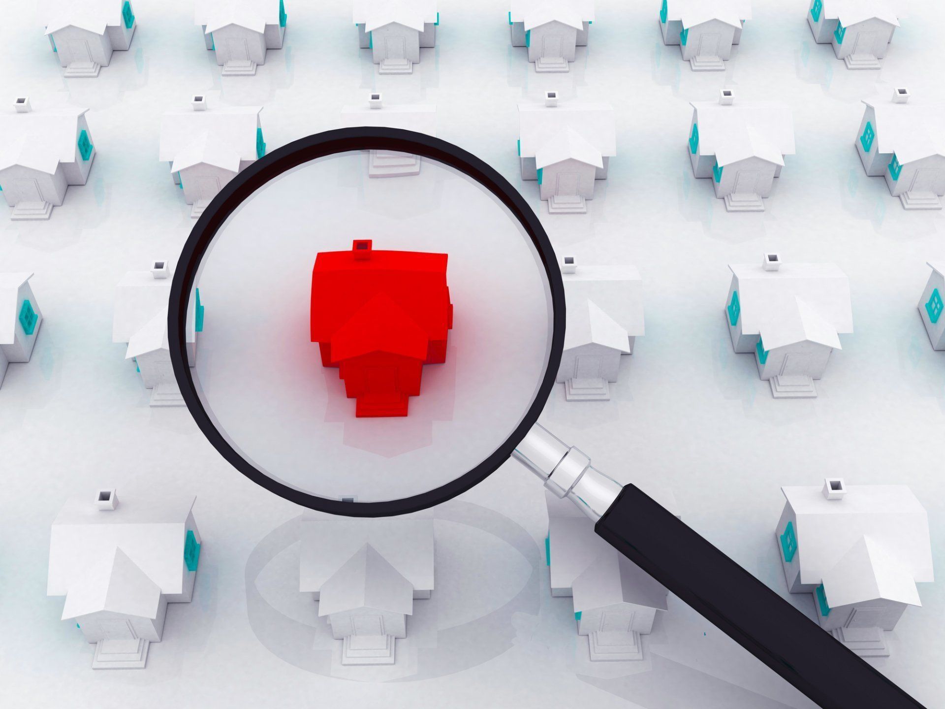 a magnifying glass is looking at a red house surrounded by white houses