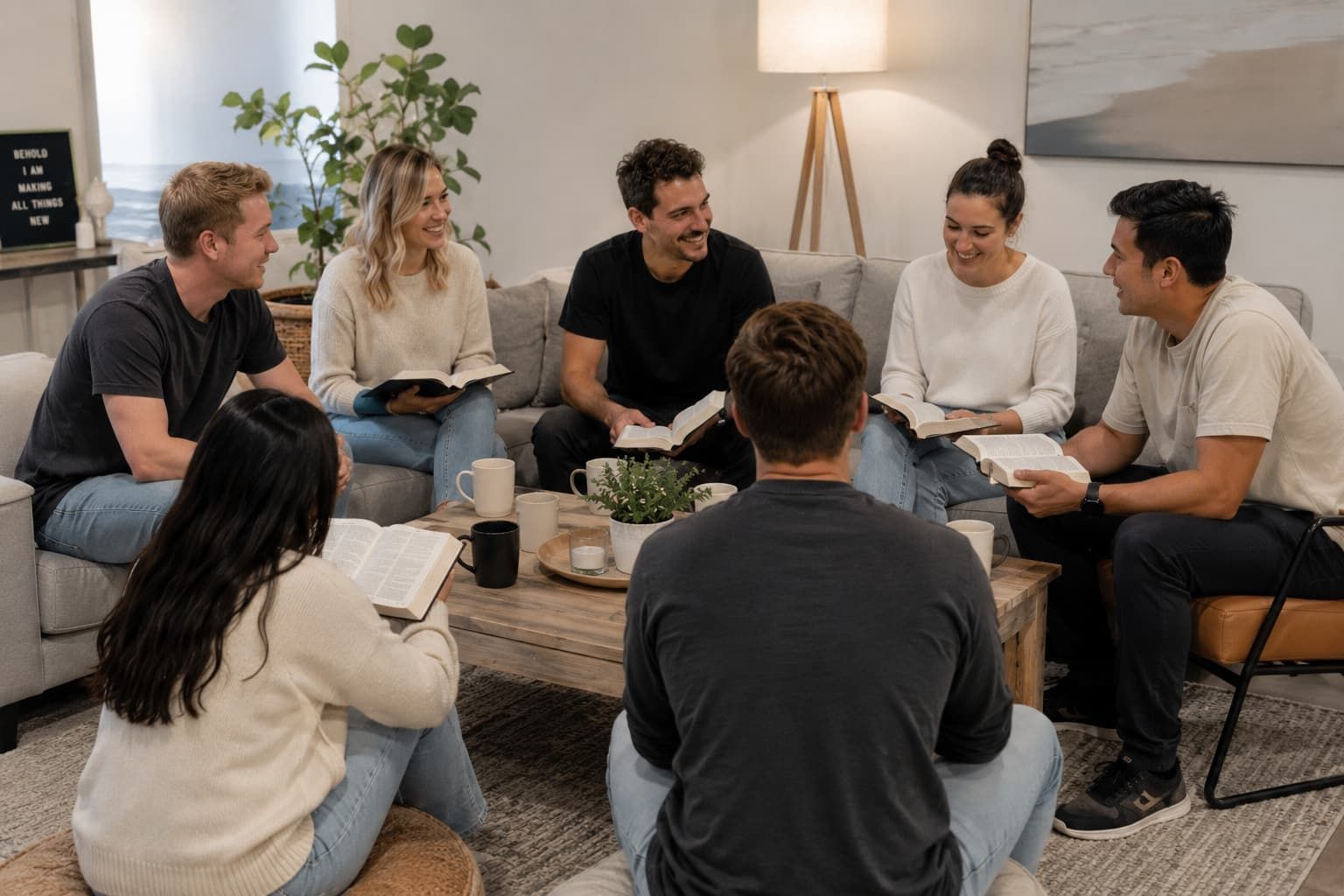 People seated in a circle on a white rug, talking in a bright, minimalist room.