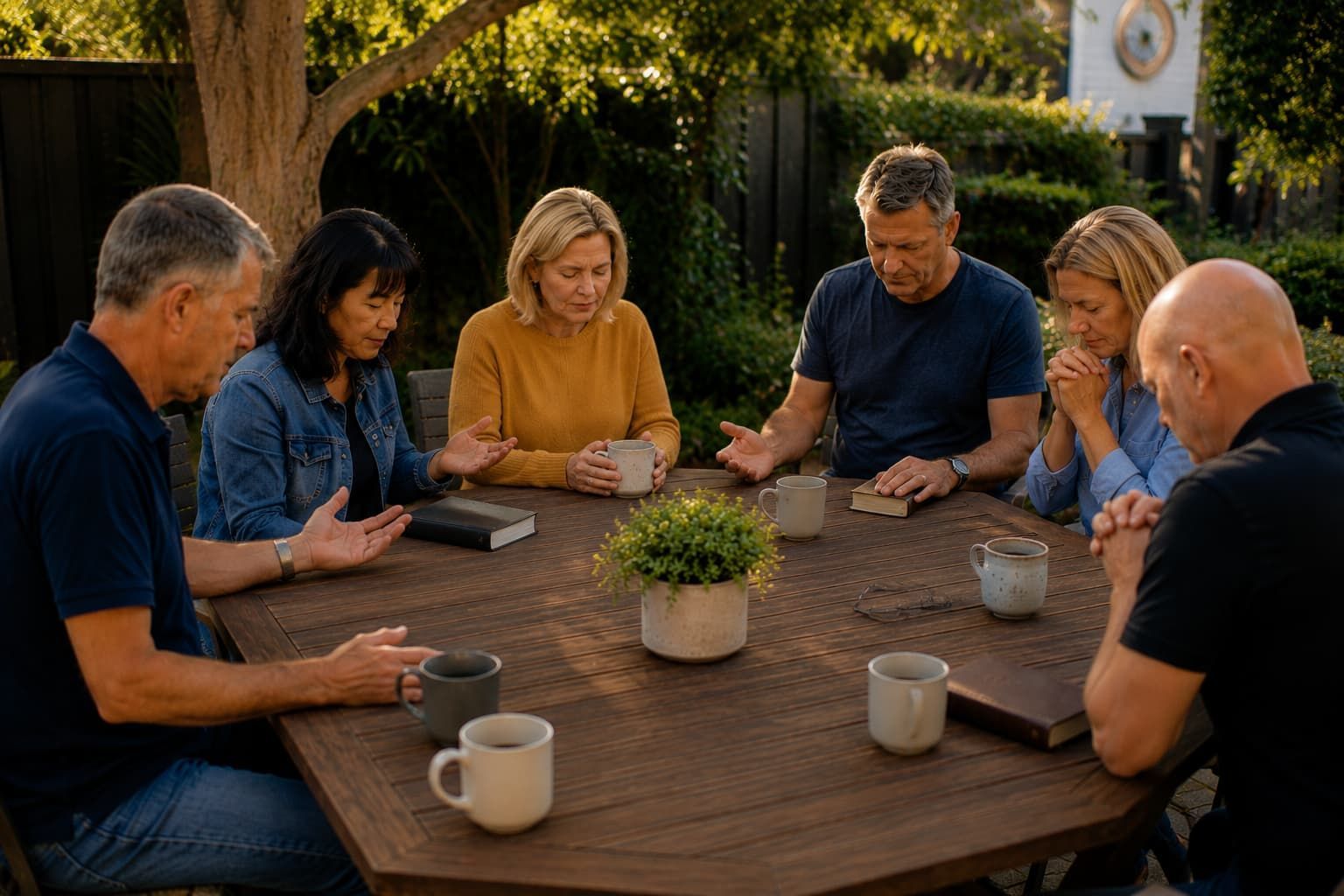 Group of four people standing in a circle, quietly discussing around a table, with one woman in a red shirt centered.