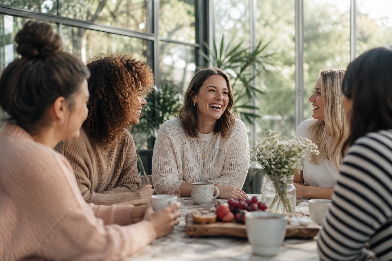 Friends laughing and clapping in a bright indoor greenhouse