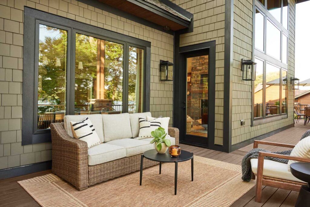 A patio with a couch , chairs , table and rug in front of a house.