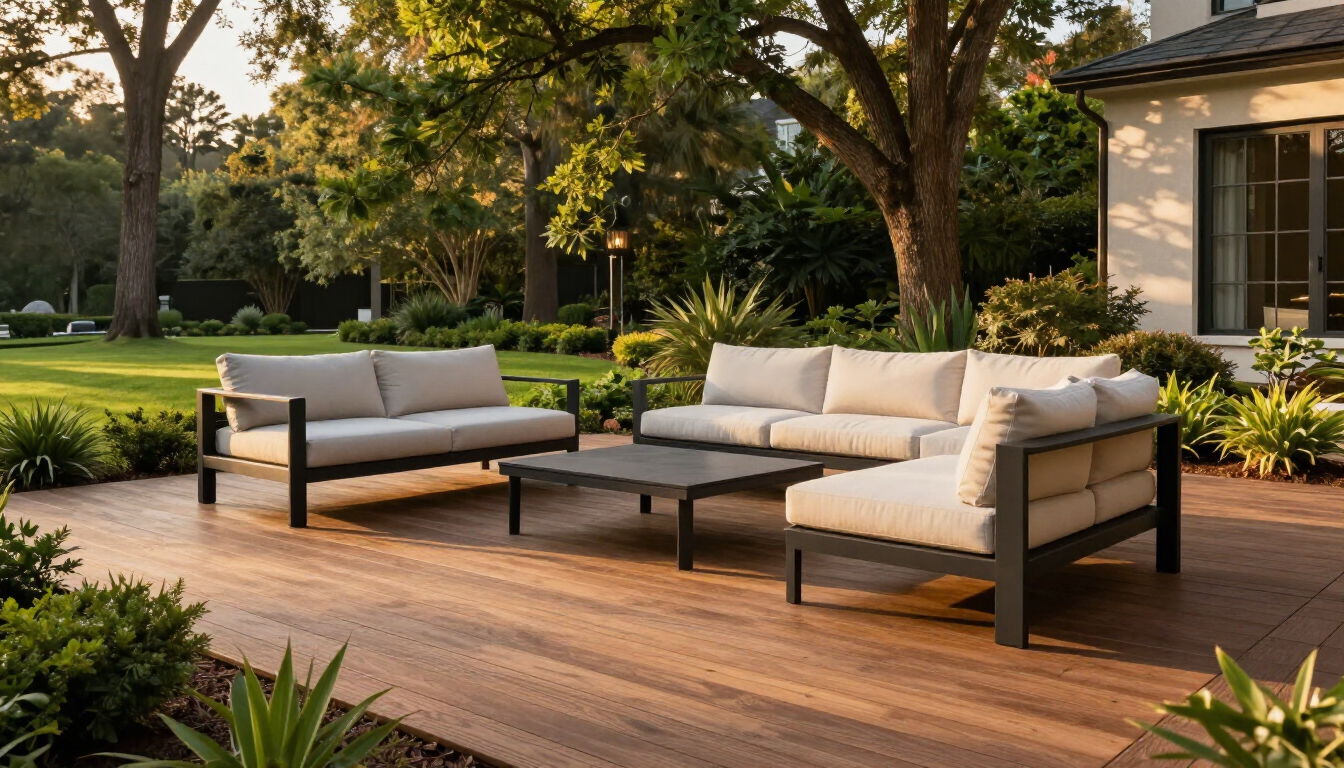 Modern outdoor patio with beige sectional sofa, black table, and lush garden trees at sunset