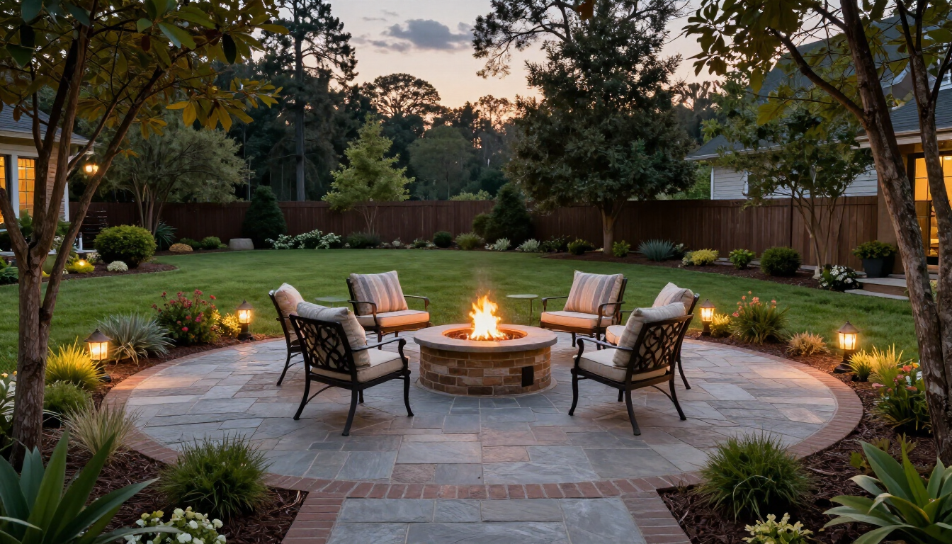 Backyard patio with a round stone fire pit, cushioned chairs, and lush garden at dusk