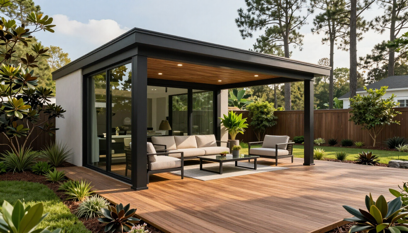 Modern backyard patio with a black-framed glass gazebo, sofa seating, and wooden deck under a sunny sky