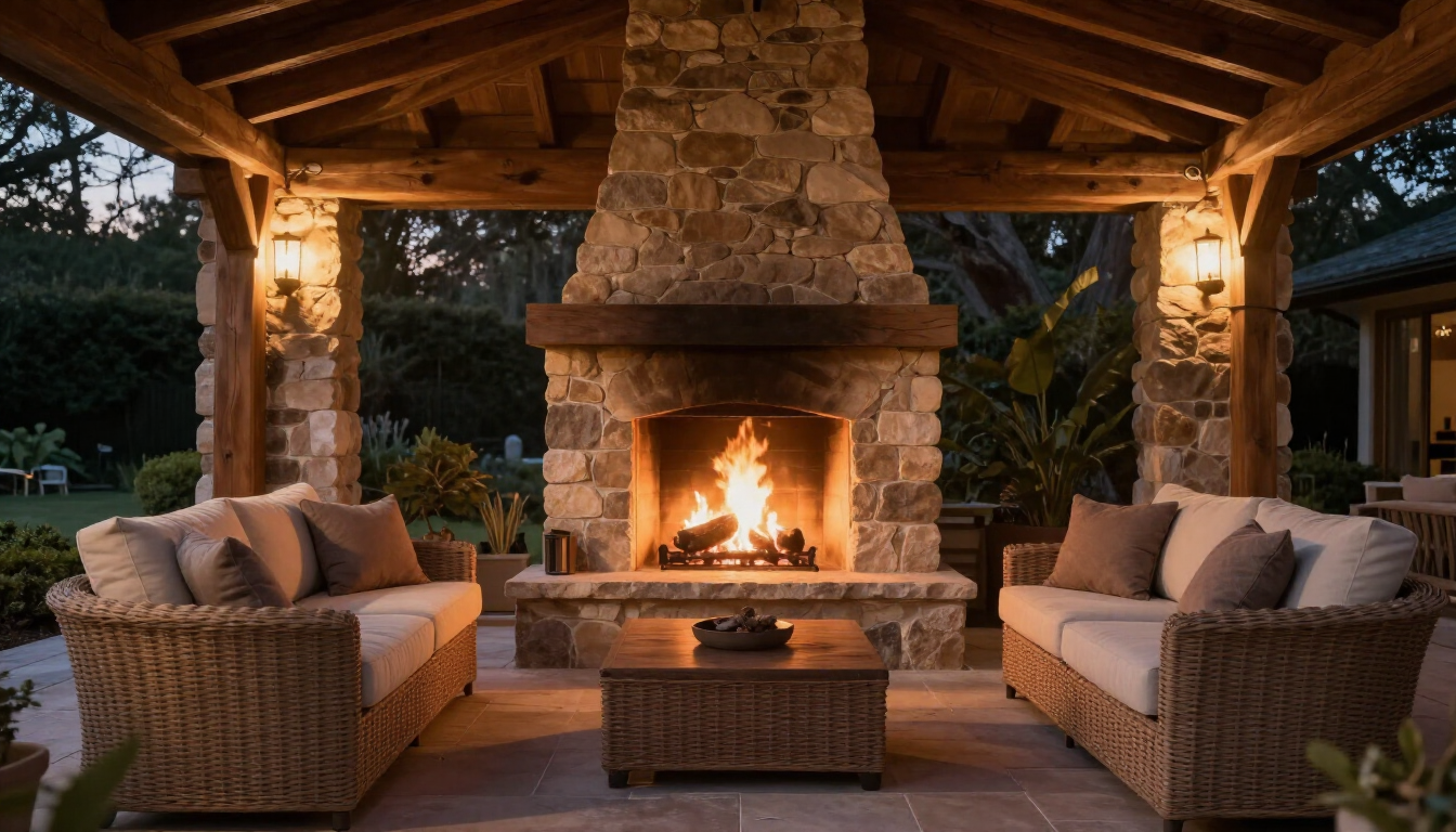 Cozy covered patio with stone fireplace and wicker seating at dusk