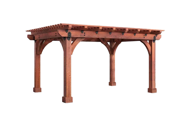 Wooden pergola-style patio cover with four posts and lattice roof in reddish-brown stain