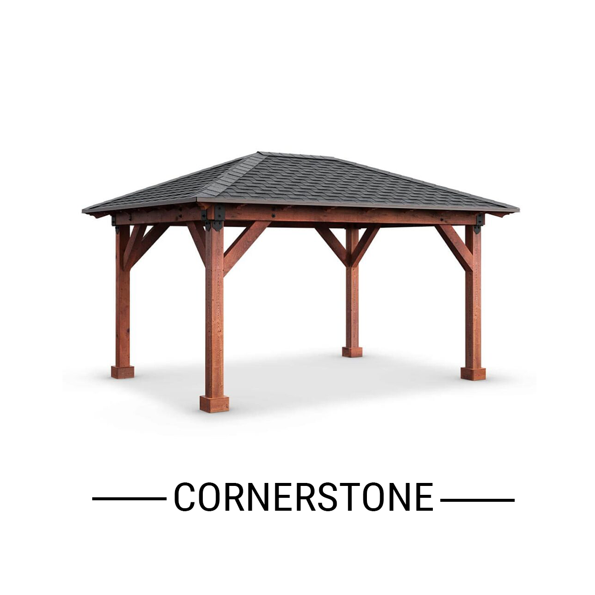 Wooden gazebo with a dark shingled roof, labeled “Cornerstone” beneath it.