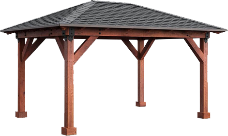 Wooden gazebo with a dark shingled hipped roof and four support posts, isolated on white background