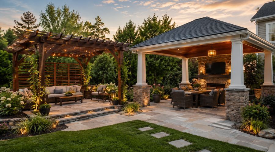 Custom stone patio featuring a dark wood pergola and a covered pavilion with a fireplace.