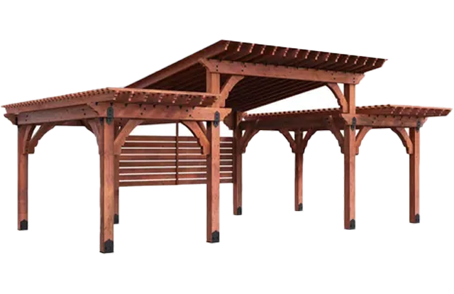 Wooden outdoor pavilion with slatted roof and posts, shown in a three-quarter view on a white background