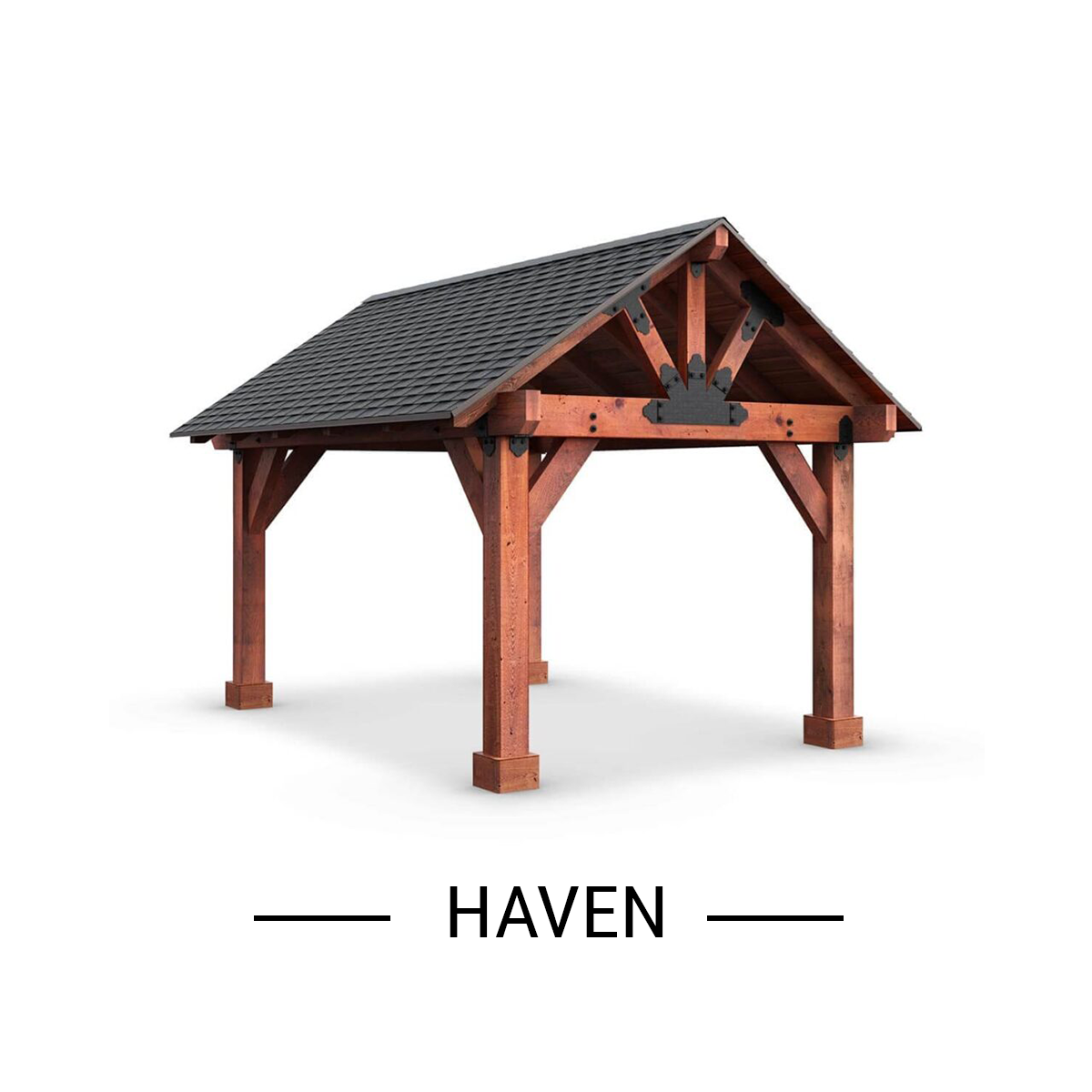 Wooden gazebo with dark shingled roof on white background, labeled “HAVEN”