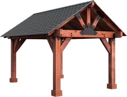Wooden gable-roof pavilion with four posts and dark shingle roof