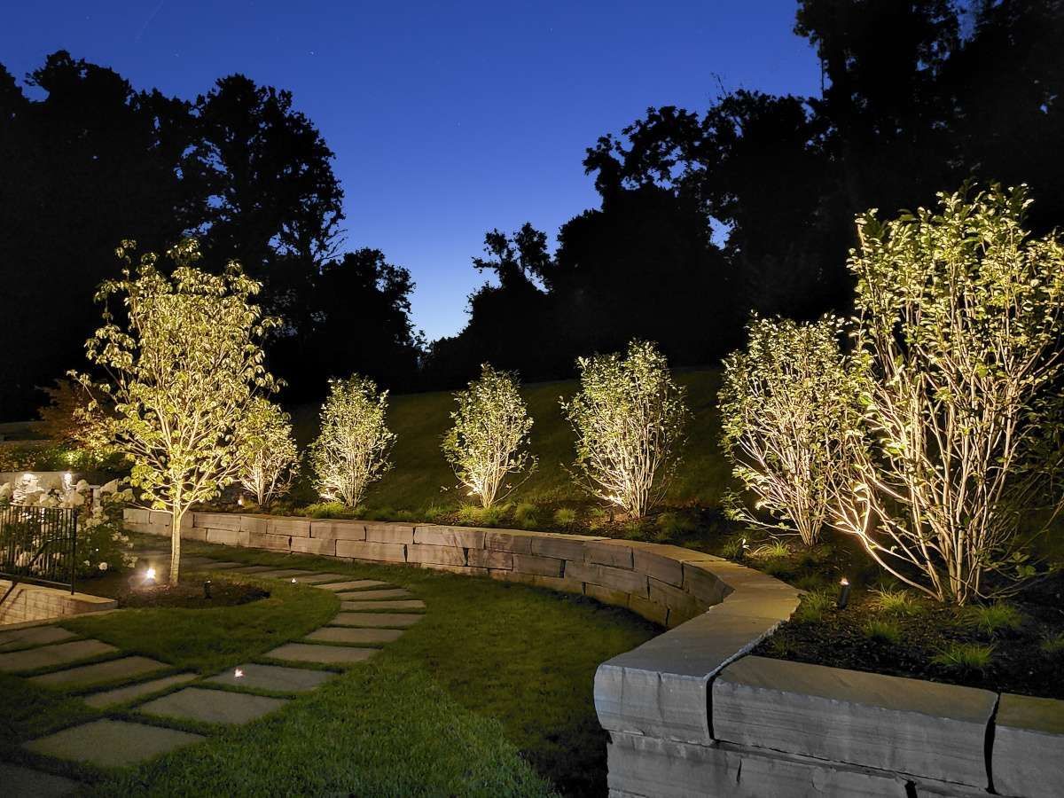 Illuminated garden path with curved stone wall and trees at dusk
