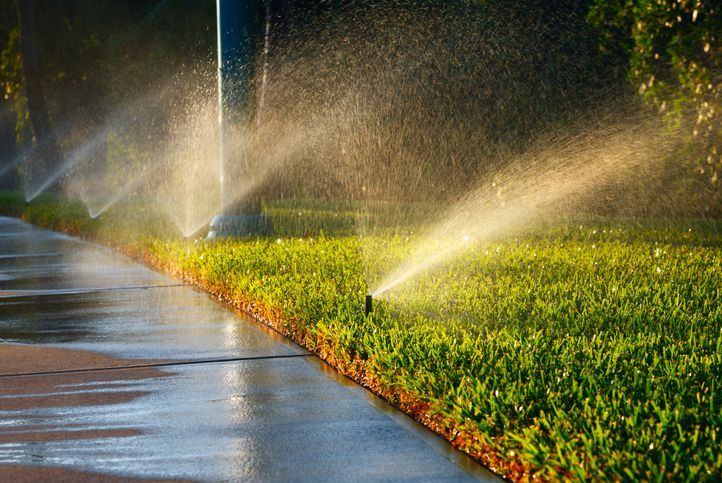 Sprinklers watering a bright green lawn beside a wet sidewalk in sunlight