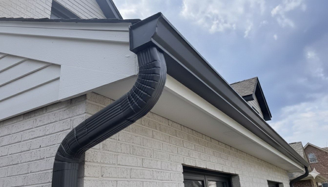 Black gutter downspout on a white brick house roofline under a cloudy sky