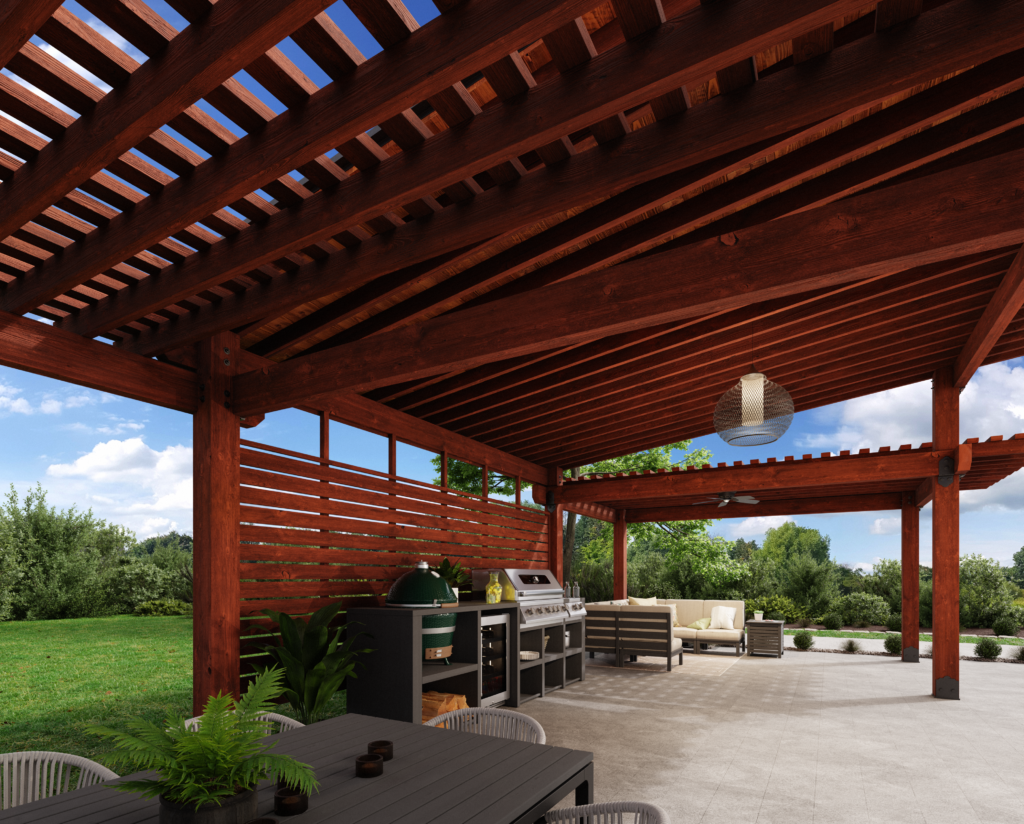 Covered wooden patio with grill, seating, and outdoor dining area overlooking a grassy yard