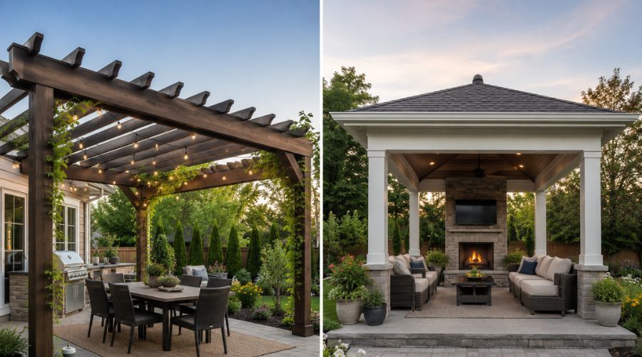 Side-by-side comparison of a dark wood patio pergola and a white covered pavilion.