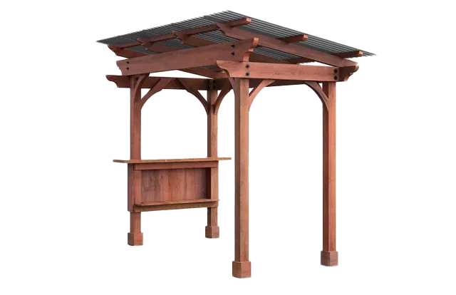 Wooden pavilion with a sloped roof and built-in bench, isolated on a white background