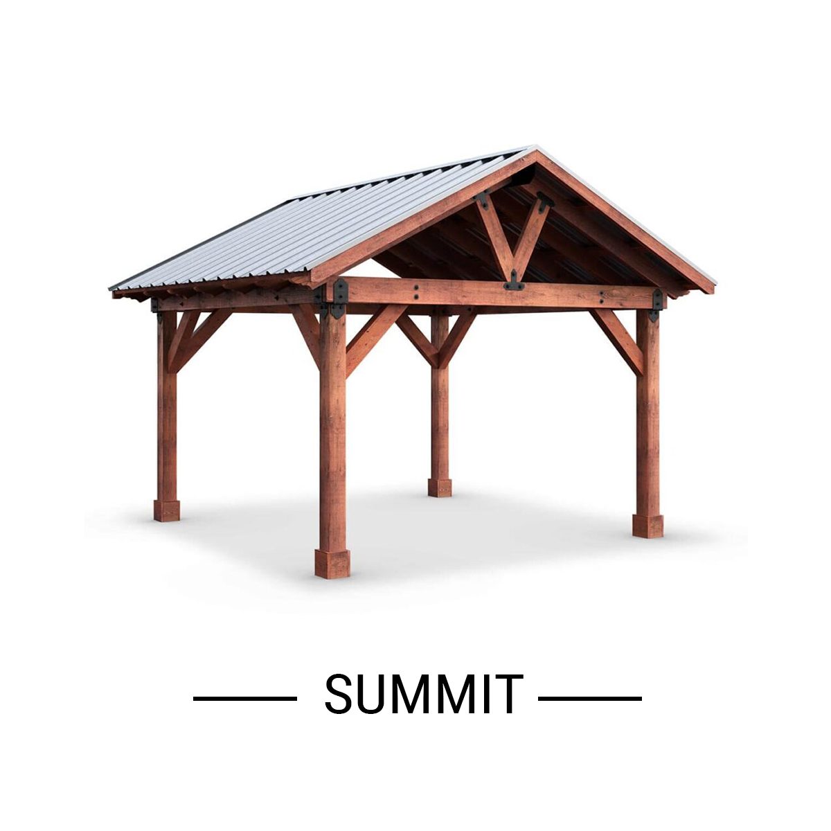 Wooden summit pavilion with a gray metal roof on a white background