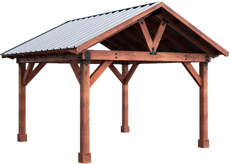 Wooden gazebo with a gray metal roof, open sides, and sturdy support posts