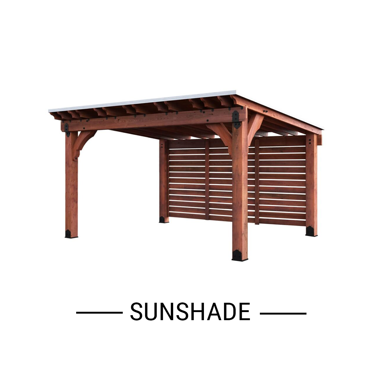 Brown wooden sunshade with slatted side panels and angled roof