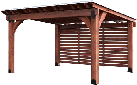 Wooden carport with slanted roof and slatted side wall in a brown finish
