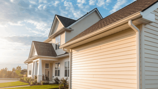 Suburban house exterior with beige siding, white trim, and a front porch in warm sunlight