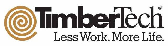 TimberTech logo with gold spiral icon and tagline “Less Work. More Life.”