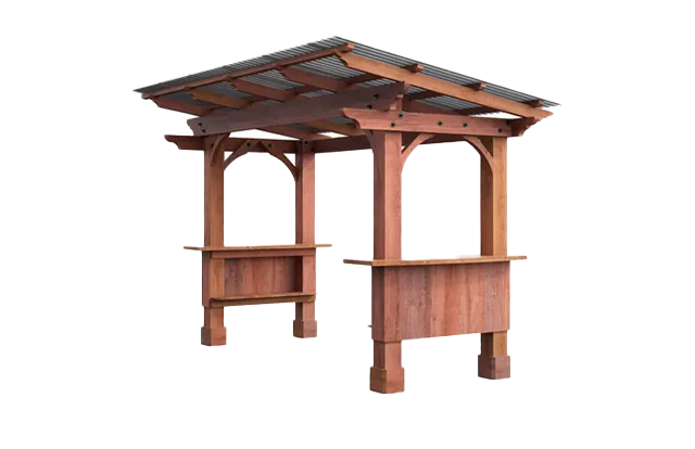 Wooden outdoor gazebo with a sloped roof and built-in benches on a white background