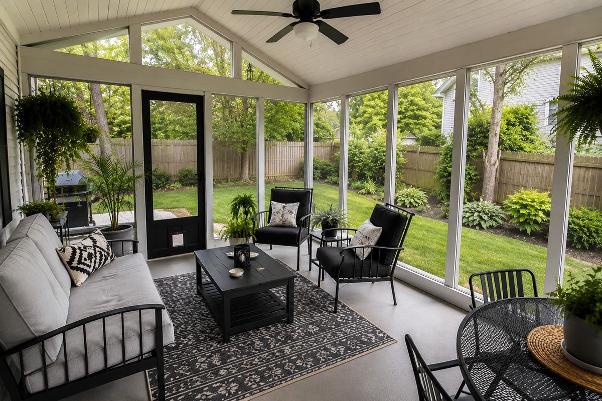 Covered patio with wicker seating, coffee table, ceiling fan, and a view of a green backyard