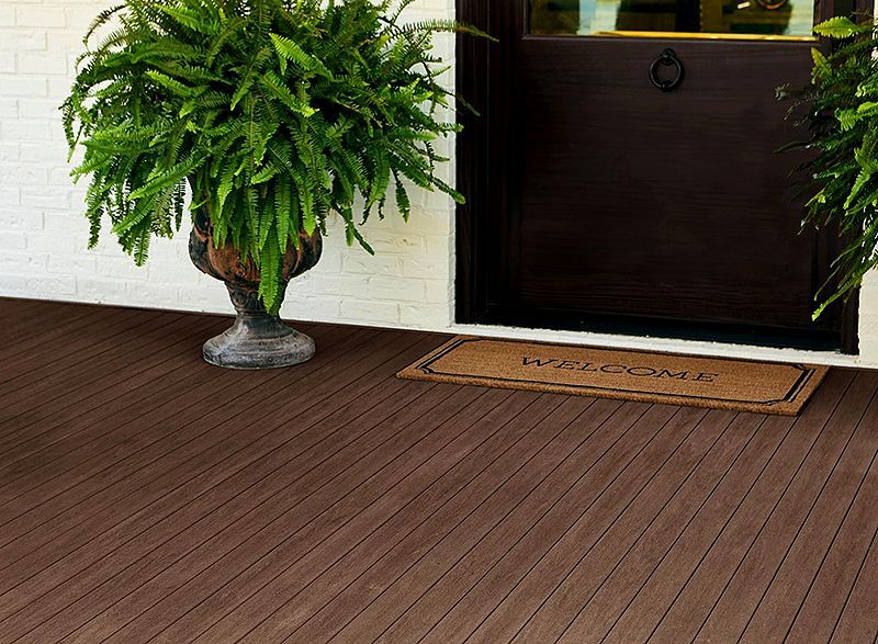 Potted fern beside a dark front door on a brown wooden porch with a doormat