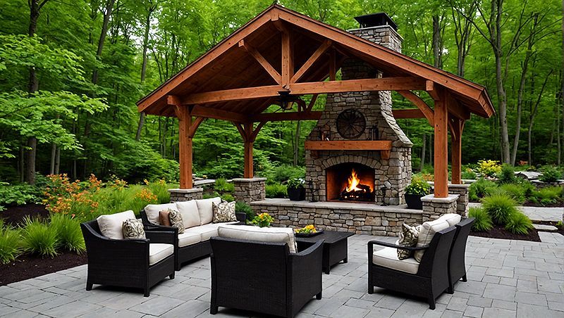 Outdoor stone patio with a covered fireplace, wicker seating, and lush green garden trees