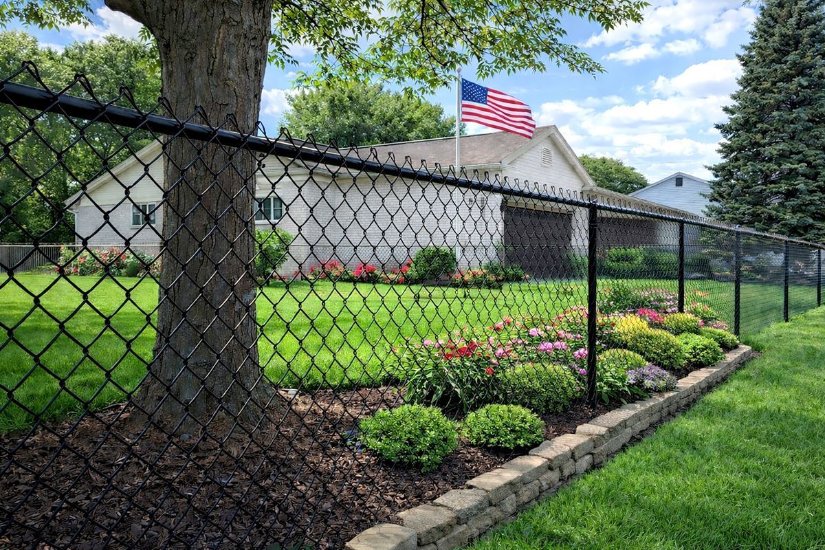 Chain-link fence beside a manicured lawn and flowerbed, with an American flag in a sunny suburban yard