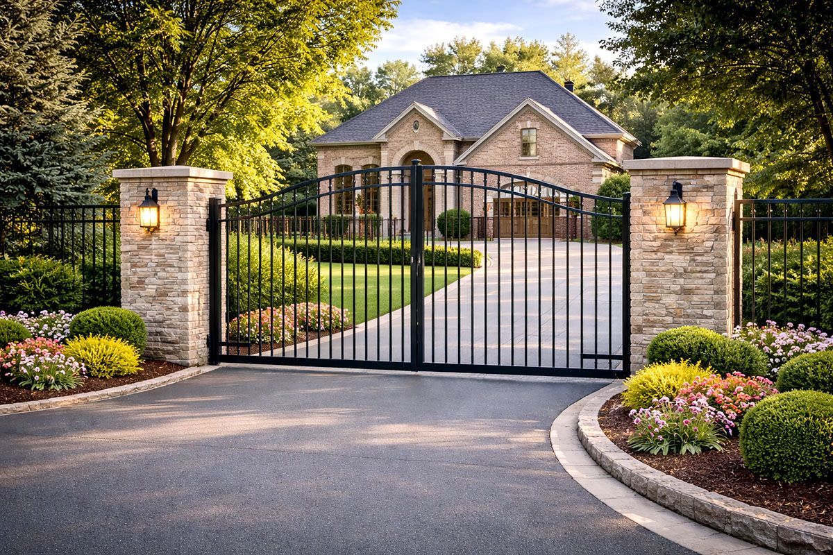 Gated driveway leading to a large stone house, framed by stone pillars, lanterns, and landscaped greenery