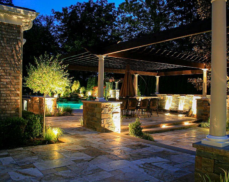 Lit backyard patio with stone columns, pergola, and pool glowing at dusk